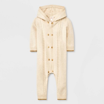 Baby Cable Button-Up Sweater Hooded Romper - Cat & Jack™ Oatmeal 6-9M