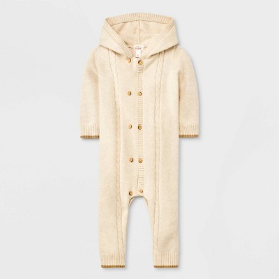 Image of Baby Cable Button-Up Sweater Hooded Romper - Cat & Jack™ Oatmeal 3-6M