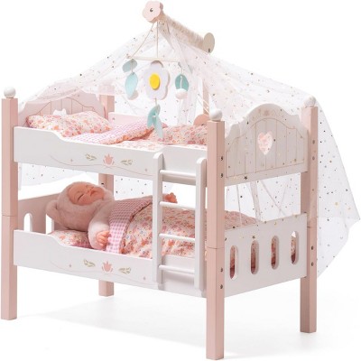 ROBOTIME Baby Doll Crib Doll Bunk Bed with Tulle Wooden Doll Cribs Cradle for 20“ Doll for Kid Child Festival Birthday Gift, Pink, 11.9"*21.7"*18.1"