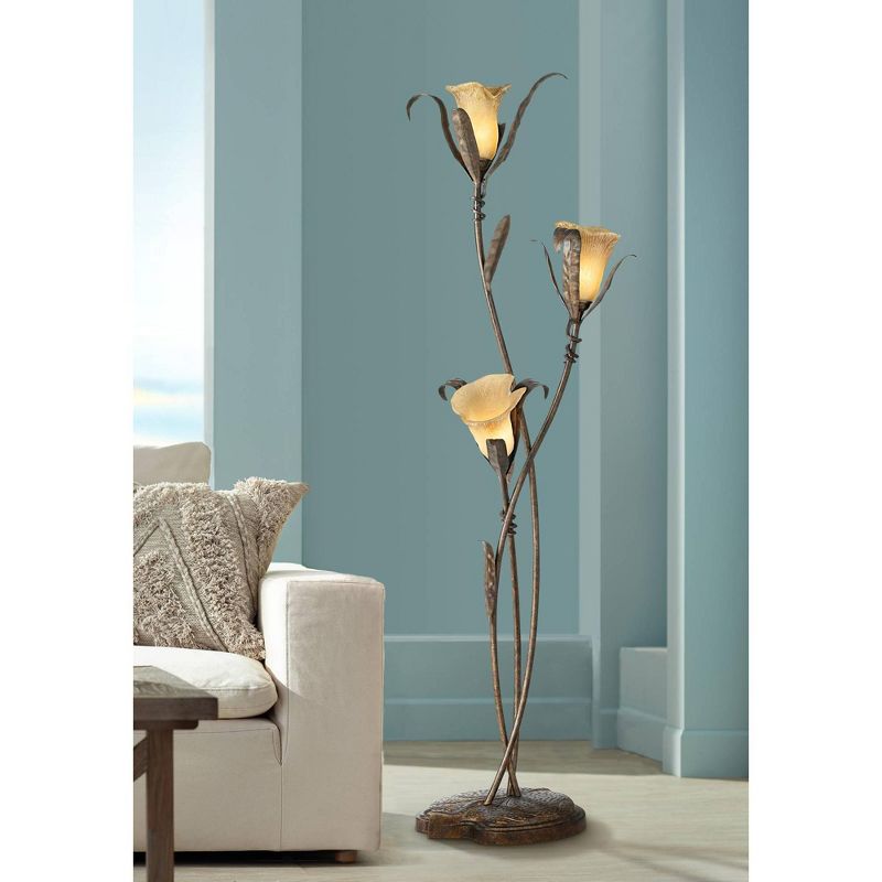 Franklin Iron Works Rustic Farmhouse Sculptural Floor Lamp 68 1/4" Tall Bronze Gold 3-Light Amber Glass Intertwined Lily Flower Shade for Living Room, 3 of 9