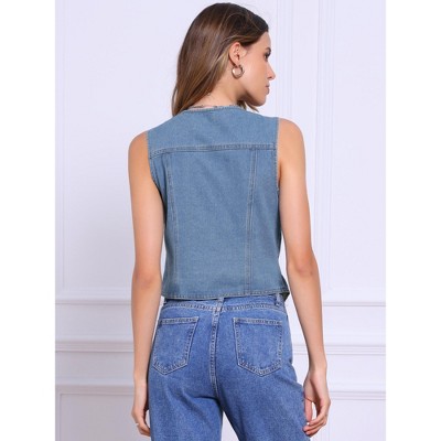 INSPIRE CHIC Women's Button Down V Neck Sleeveless Denim Vest Jacket Large Blue — фото 3