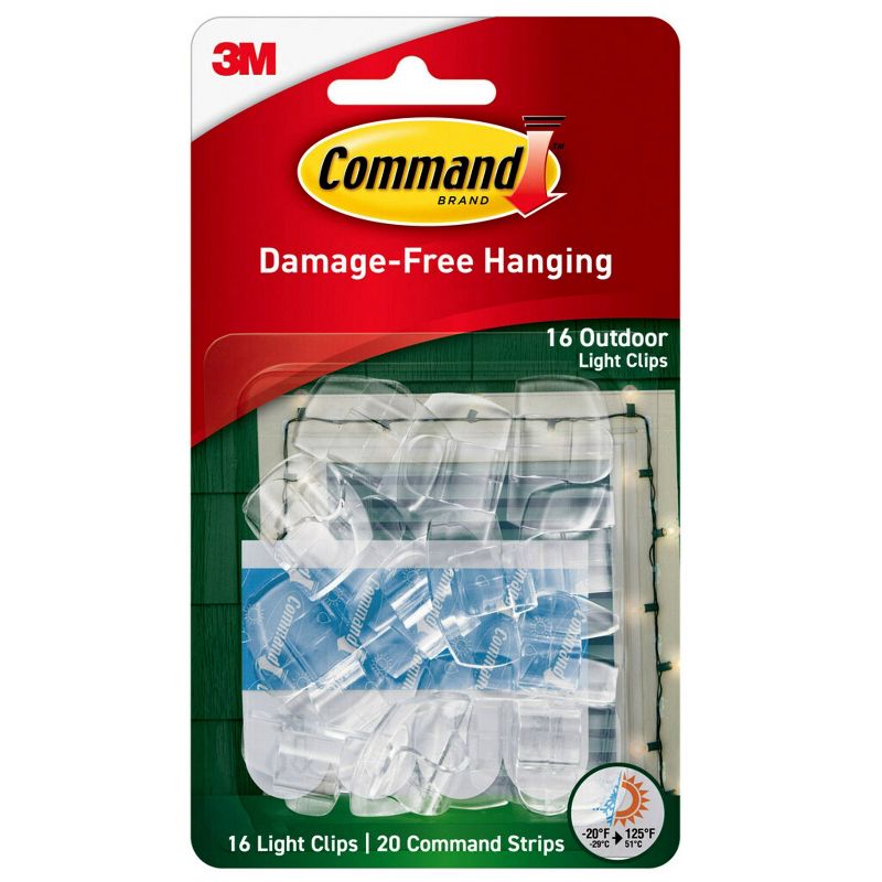 Command 16 Clips 20 Strips Outdoor Light Clips with Foam All Weather Strips Decorative Hooks Clear, 4 of 21