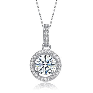 Elegant white gold plated necklace with a sparkling cubic zirconia solitaire halo drop pendant for a timeless and classic look - 1 of 4