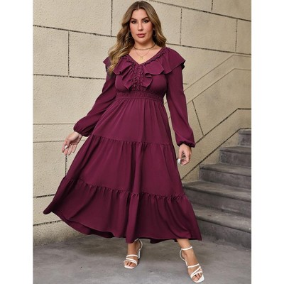 Ruffle Maxi Dress for Women V Neck Long Sleeve Dress Casual Modest Fall Dresses Wine Red XL