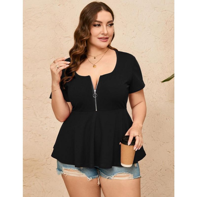 Whizmax Women Plus Size Sexy Half Zipper T-shirt Dressy Blouses Short Sleeve Babydoll Peplum Summer Tops, 5 of 8