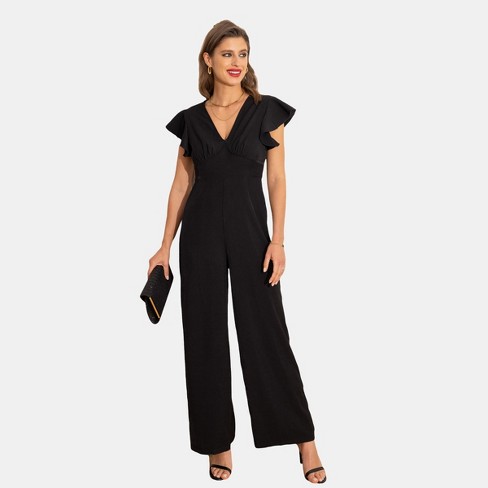 Flutter Sleeve V-Neck Ruffle Hem Tapered Waist Jumpsuit Black