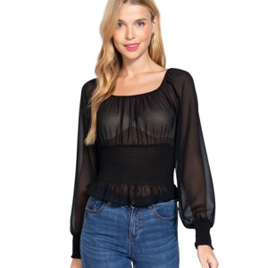 Slickblue Chiffon Smocked Top, Long Sleeve, Versatile Casual & Stylish Look, Lightweight Fit, Black, S - 1 of 4