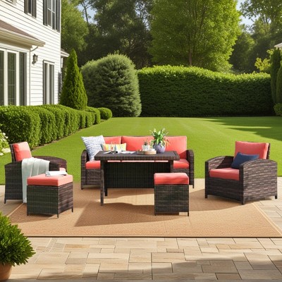 Chic Crate - Parkhurst 6-Piece All-Weather Rattan Outdoor Set with Vibrant Orange Cushions & Table