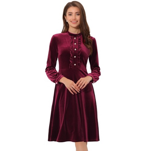 Allegra K Women's Velvet Dress Mock Neck Button Front Ruffle Vintage Flared  Dresses Burgundy Small