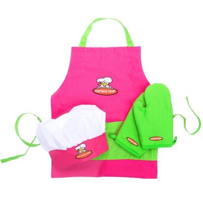 Curious Chef 4 Pieces Kids Apron Set for Toddlers, Oven Mitts and Chef’s Hat, Real Kitchen Wear Cooking Kit
