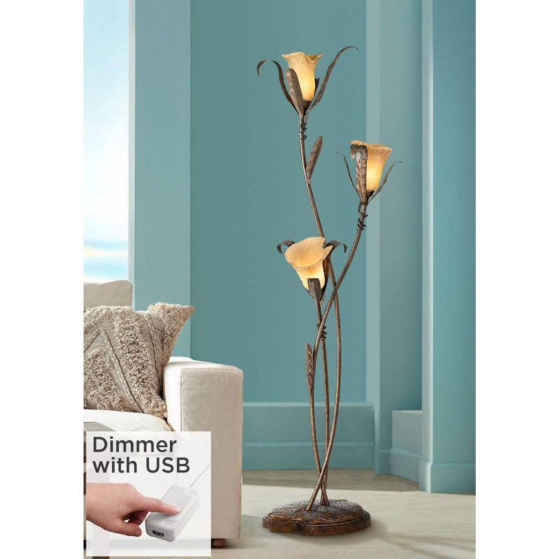 Franklin Iron Works Rustic Floor Lamp with USB Charging Port 3-Light 68 1/4" Tall Bronze Gold Lily-Shaped Amber Shade Living Room, 2 of 9