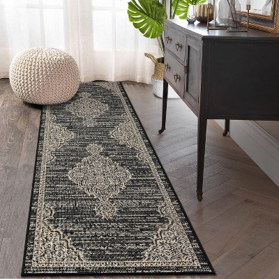 Indoor Outdoor Rug Vintage Medallion Area Rug for Patio Backyard Balcony, 2'3" x 7'3" Black