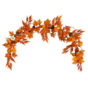 Nearly Natural 6-ft Assorted Autumn Maple Leaves, Pumpkins, Gourds, Berries and Pinecone Artificial Fall Garland - 1 of 2
