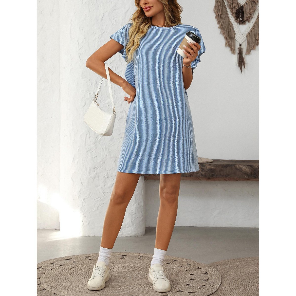 Женские платья YesFashion Womens Mini Dress Crew Neck Ruched Sleeve Striped Tee Shirt Dress Summer Fashion Casual Tshirt Dress Sky Blue M — фото 7
