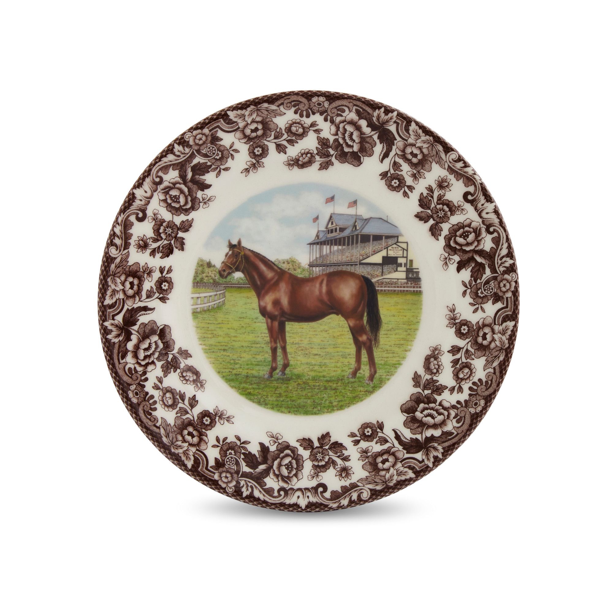 Spode Woodland Salad Plate, Thoroughbred Horse - Equestrian-Inspired Holiday Tableware with British Flowers Border, 8" Fine Earthenware Plate