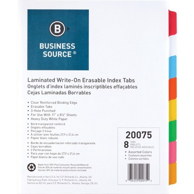 Business Source Write-on Tab Indexes 8-Tab 11"x8-1/2" 8 Tabs/ST Multi 20075