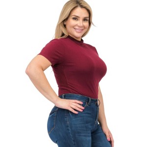 Slickblue Ribbed Short Sleeve Bodysuit for Plus Size Women - Soft Stretch Fabric, Black/Burgundy, Size 1XL-3XL - 1 of 4