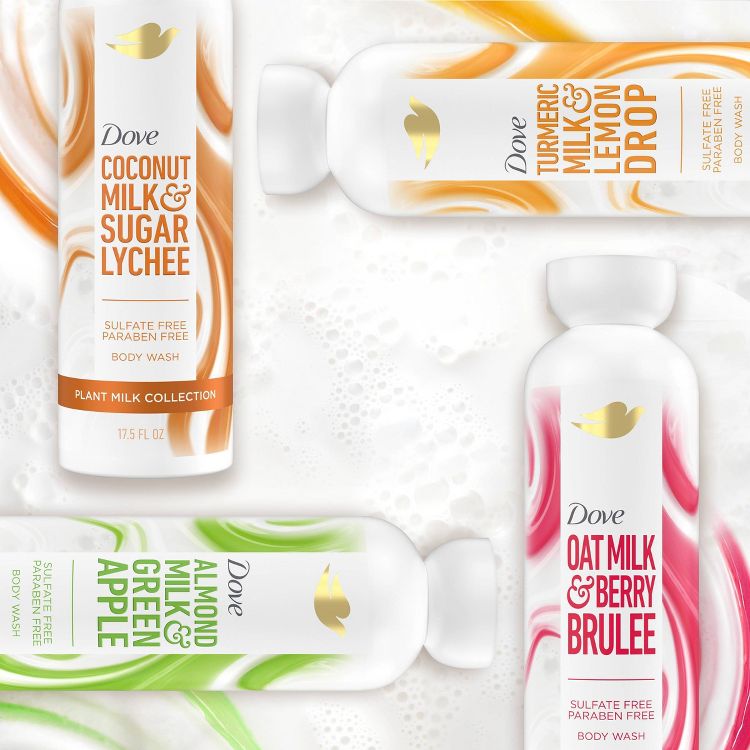 Dove Coconut Milk & Sugar Lychee Body Wash, 17.5 fl oz, featuring a sulfate-free, paraben-free formula. Also shown is Dove Almond Milk & Green Apple variant, emphasizing natural and gentle ingredients. 