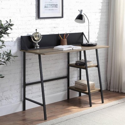 INFURNIC Desks Rustic Oak Writing Desk with 2 Shelves and H-Shaped Base for Modern Storage and Functionality, Black, 43"*20"*30"
