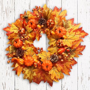 Rustic Harvest Illuminated 24" Fall Wreath, Lighted with Maple Leafs, Pinecones, Pumpkins and Autumn Berries| OrnamentallyYou - 1 of 4