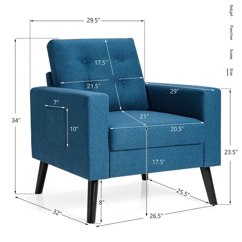 Costway Modern Tufted Accent Chair Fabric Armchair Single Sofa w/ Rubber Wood Legs Blue\ Beige\Grey, 3 of 11