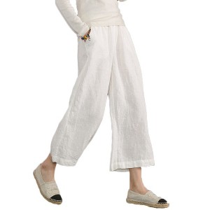 ECUPPER Womens Linen Cropped Pants Loose Casual Capri Cotton Wide Leg Plus Size Elastic Waist with Drawstring Trouses - 1 of 4
