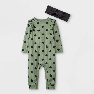 Image of Baby Girls' Heart Rib Romper with Headband - Cat & Jack™ Olive Green/Charcoal Gray 0-3M