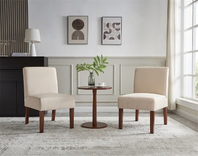 Carl Armless Fabric Upholstered Accent Chair Set of 2 with Round Wood Side Table Slipper Chairs Sets-Maison Boucle