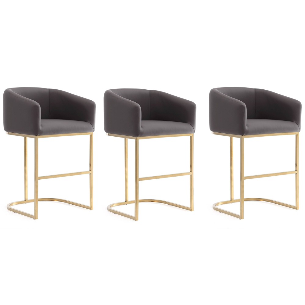 Photos - Chair Manhattan Comfort Set of 3 Louvre Upholstered Stainless Steel Counter Height Barstools Gray: Faux Leather, Curved Back, Foot