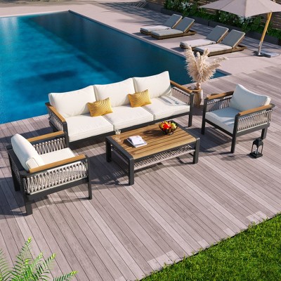 Chic Crate-4-Piece Outdoor Sectional Sofa Set - 5-Person Patio Conversation Group with Cushioned Seats & Coffee Table for Garden/Balcony (Sage Beige)