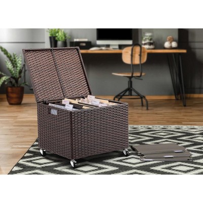 Espresso Wicker Rolling File Box with Bamboo Lid