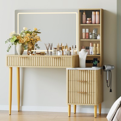 Vanity Desk, Makeup Vanity Desk with Mirror and Lights 3 Colors, 5 Drawers and 3 Storage Shelves, Power Outlet, for Dressing Room, Bedroom