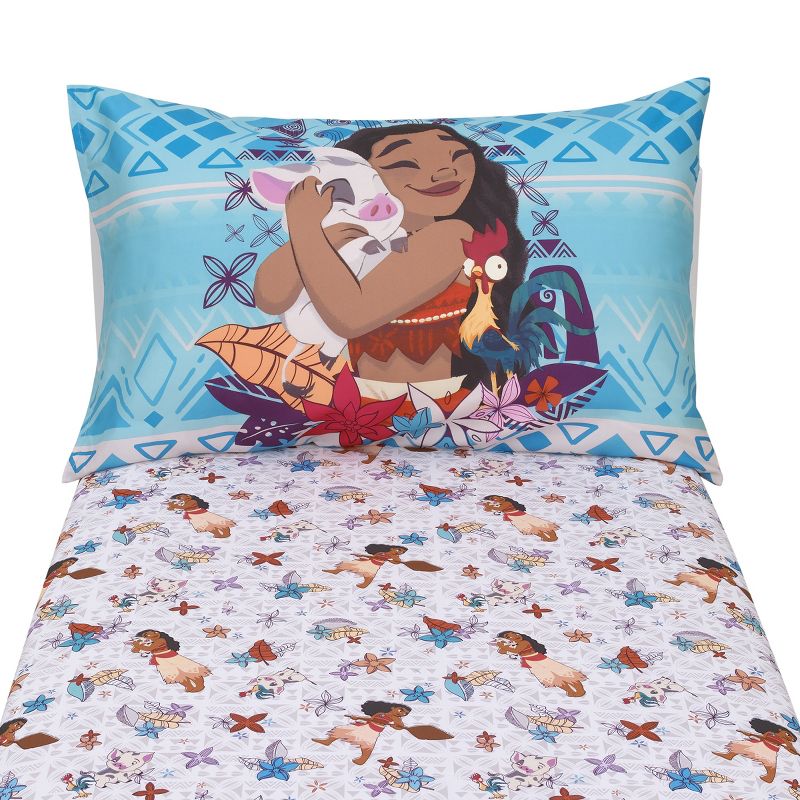 Disney Moana Free as the Ocean Aqua, Purple, Orange, and White Tropical 2 Piece Toddler Sheet Set - Fitted Bottom Sheet and Reversible Pillowcase, 5 of 7