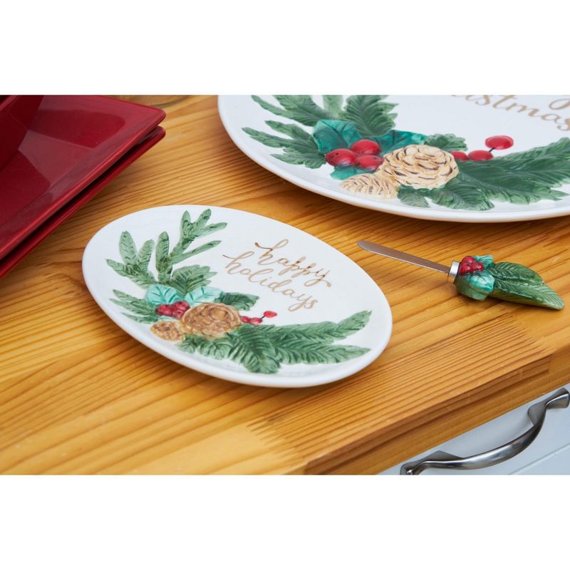 C&F Home "Happy Holidays" Sentiment with Pinecone Accents Hand painted White Oval Dolomite Serving Tray with Spreader, Hostess Gift, 4 of 5