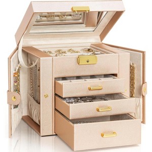 4-Tier Jewelry Box Leather Jewelry Storage Organizer with 3 Drawers Lockable - 1 of 4