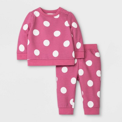 Image of Baby Girls' Dot Fleece Top & Bottom Set - Cat & Jack™ Pink 0-3M