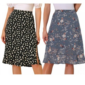 INSPIRE CHIC Women's Floral Ruffle Elastic High Waist Button Flowy Split Skirt 2 Packs - 1 of 4