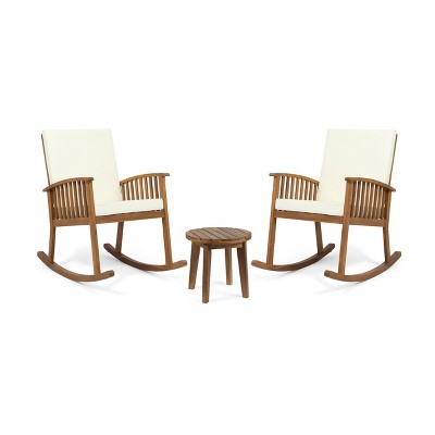 Christopher Knight Home Abbottsford Outdoor Acacia Wood 3 Piece Rocking Chair Chat Set with Cushions, Brown/Cream