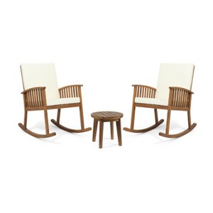 Christopher Knight Home Abbottsford Outdoor Acacia Wood 3 Piece Rocking Chair Chat Set with Cushions, Brown/Cream - 1 of 4