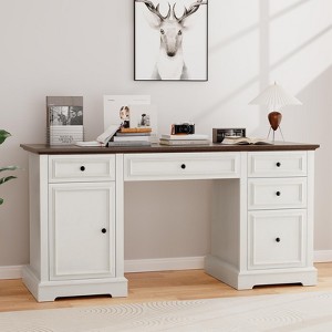 Dyonery 60" Farmhouse Executive Office Desk with Drawers and File Cabinet, Embossed Texture Wood Home Office Desk,Black/Brown/White and brown - 1 of 4