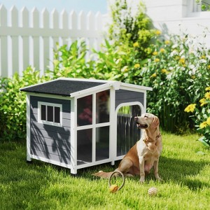 Cabin-Style Wooden Dog House for Large Dogs ¨C Openable Roof & Large Window, Indoor/Outdoor Pet Furniture, Dark Gray - 1 of 4