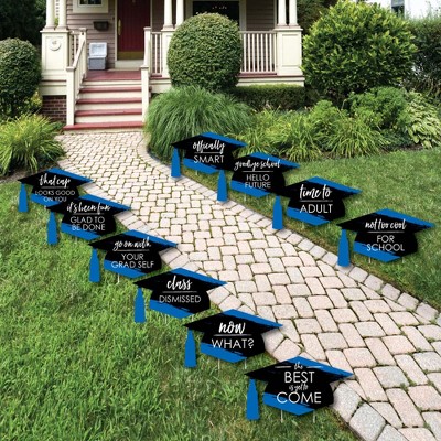 Big Dot of Happiness Blue Grad - Best is Yet to Come - Grad Cap Lawn Decorations - Outdoor Royal Blue Graduation Party Yard Decorations - 10 Piece