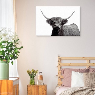 24" x 36" Black and White Highland Bull Canvas Art