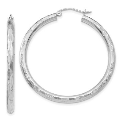 Black Bow Jewelry 3mm x 40mm 14k White Gold Textured Round Hoop Earrings