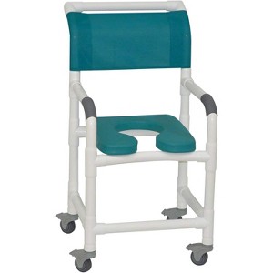 MJM International Corporation Shower chair 18 in width 3 in total locking casters BLUE front seat MAYAN TEAL designer mesh backrest sling 300 lbs wt - 1 of 1