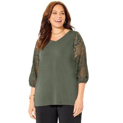 Catherines Women's Plus Size Eyelet Sleeve V-Neck Top