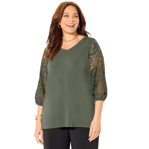 Catherines Women's Plus Size Eyelet Sleeve V-Neck Top - 1 of 4