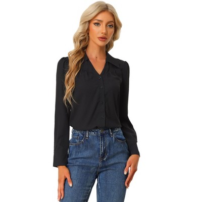 Allegra K Women's Casual Button Down Long Sleeve V Neck Ruched Office Business Blouses