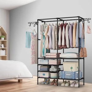 66" Clothing Rack Clothes Rack, Multifunctional Garment Rack for Hanging Clothes, 4 Tiers Portable Closet Rack w/ 4 Hooks & 2 Hanging Rods - 1 of 4