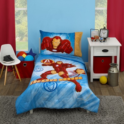 Marvel Avengers Iron Man Blue Red And Gold 4 Piece Toddler Bedding Set Comforter Fitted Bottom Sheet Flat Top Sheet And Reversible Pillowcase Target